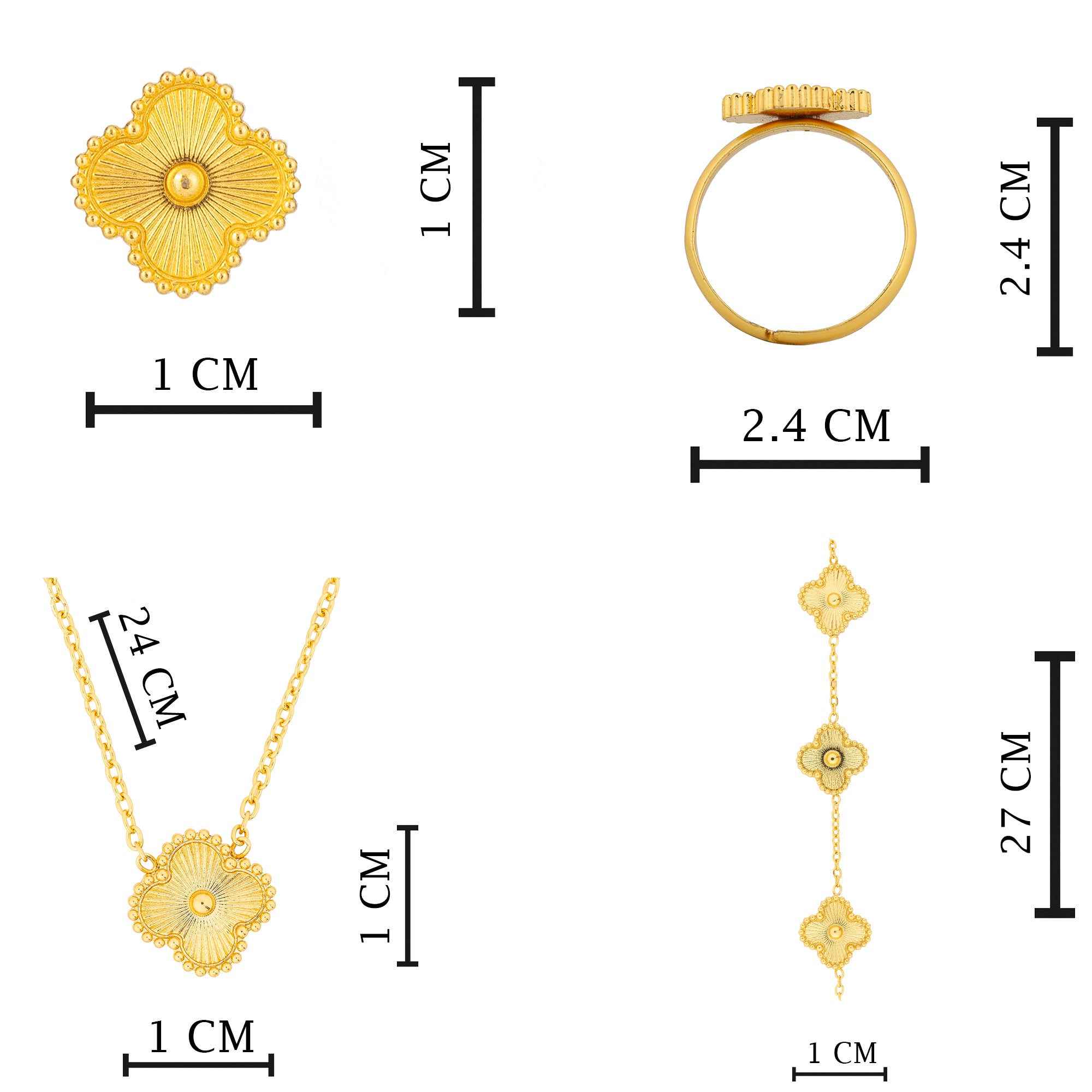 Clover Gold Plated Combo Necklace, Ring, Bracelet and Earring Set