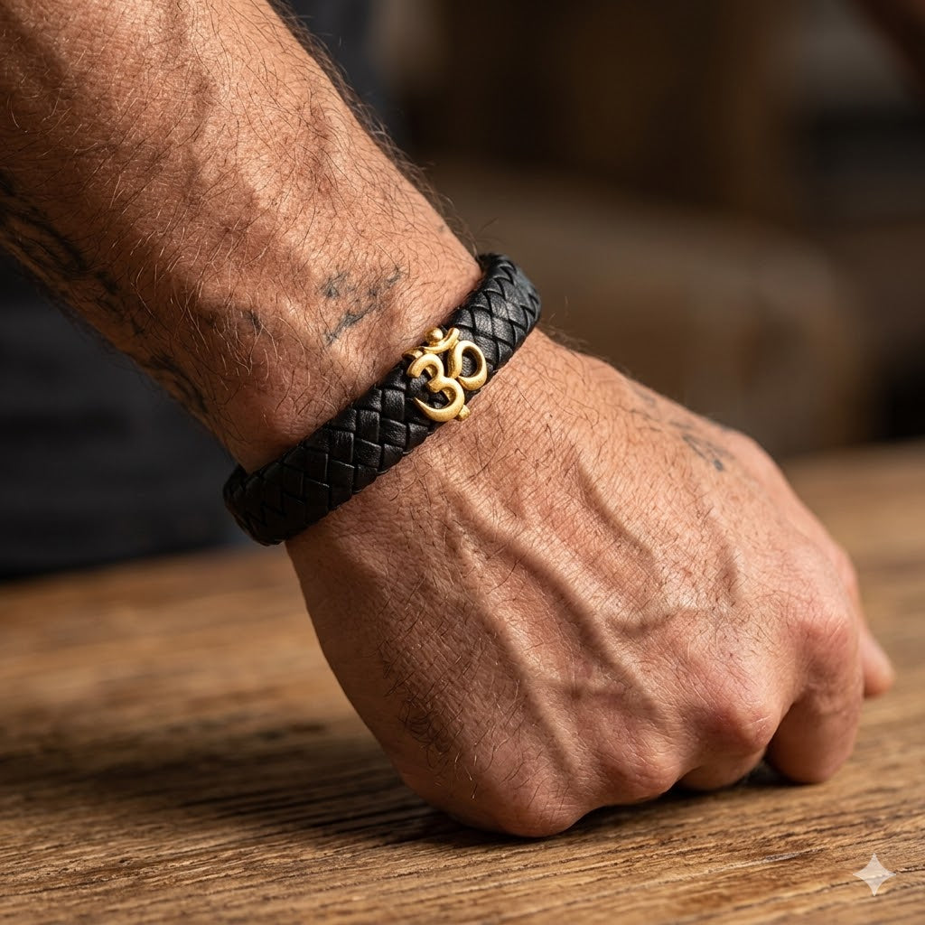 Gold Om Black Leather Cuff