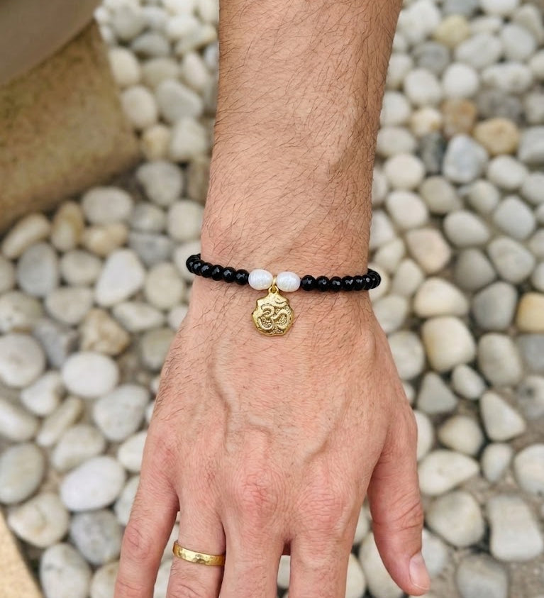 Shimmering Pearl and Black Bead Om Blessings Rakhi