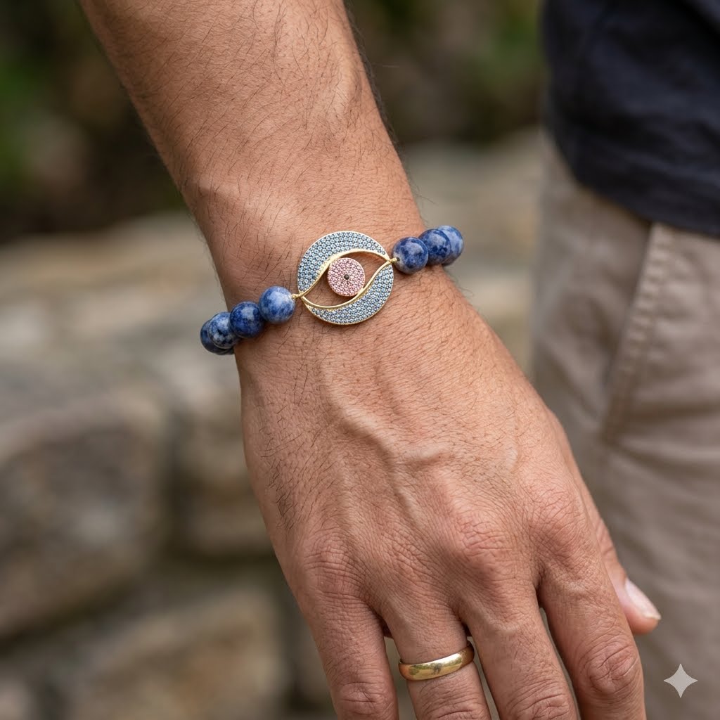 Lapis Lazuli Inspired Beaded Rakhi with Evil Eye Charm
