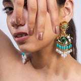 Green Eyes With Blue Mother Of Pearl Long Earring