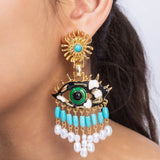 Green Eyes With Blue Mother Of Pearl Long Earring