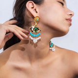 Green Eyes With Blue Mother Of Pearl Long Earring