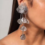 White Floral Long Enamel Dangling Earrings