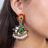 Gold Plated Green Eye Earrings for Women with Mother of Pearl
