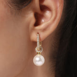 Gold Plated White CZ Stone and Shell Pearl Hanging Earrings