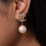 Chanel Gold Plated Earrings with Cubic Zirconia & Shell Pearl