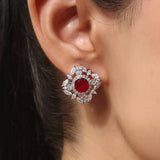 Silver Plated Anti-Tarnish White CZ and Red Stone Earrings