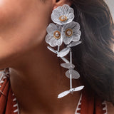 White Floral Long Enamel Dangling Earrings