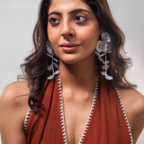 White Floral Long Enamel Dangling Earrings