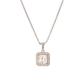 Silver Crystal Square Halo Pendant Necklace