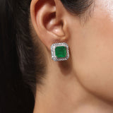Silver Plated Anti-Tarnish White CZ and Green Stone Earrings