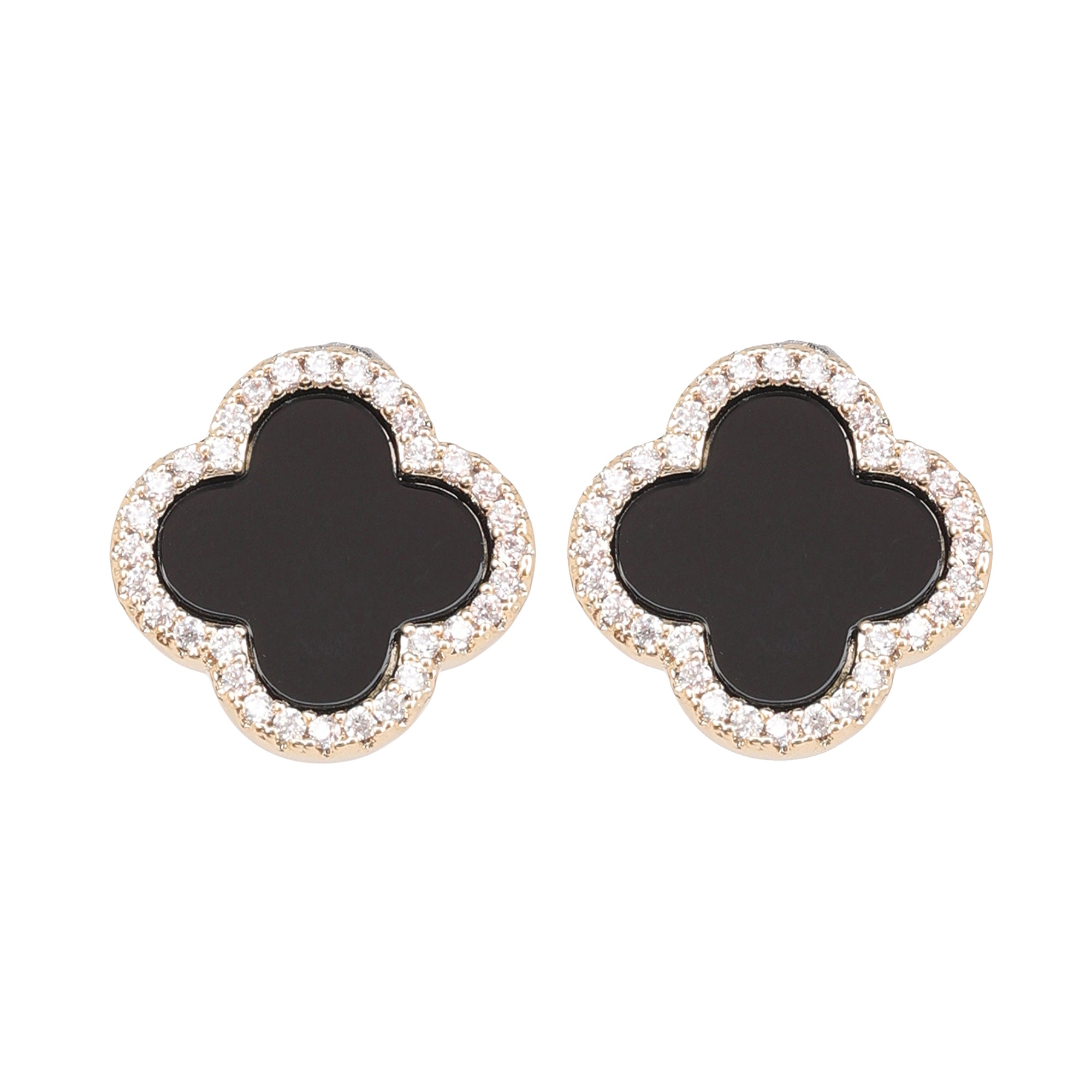 Clove Leaf Onyx & Cubic Zirconia Silver Plated Earrings