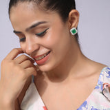 Silver Plated Anti-Tarnish White CZ and Green Stone Earrings