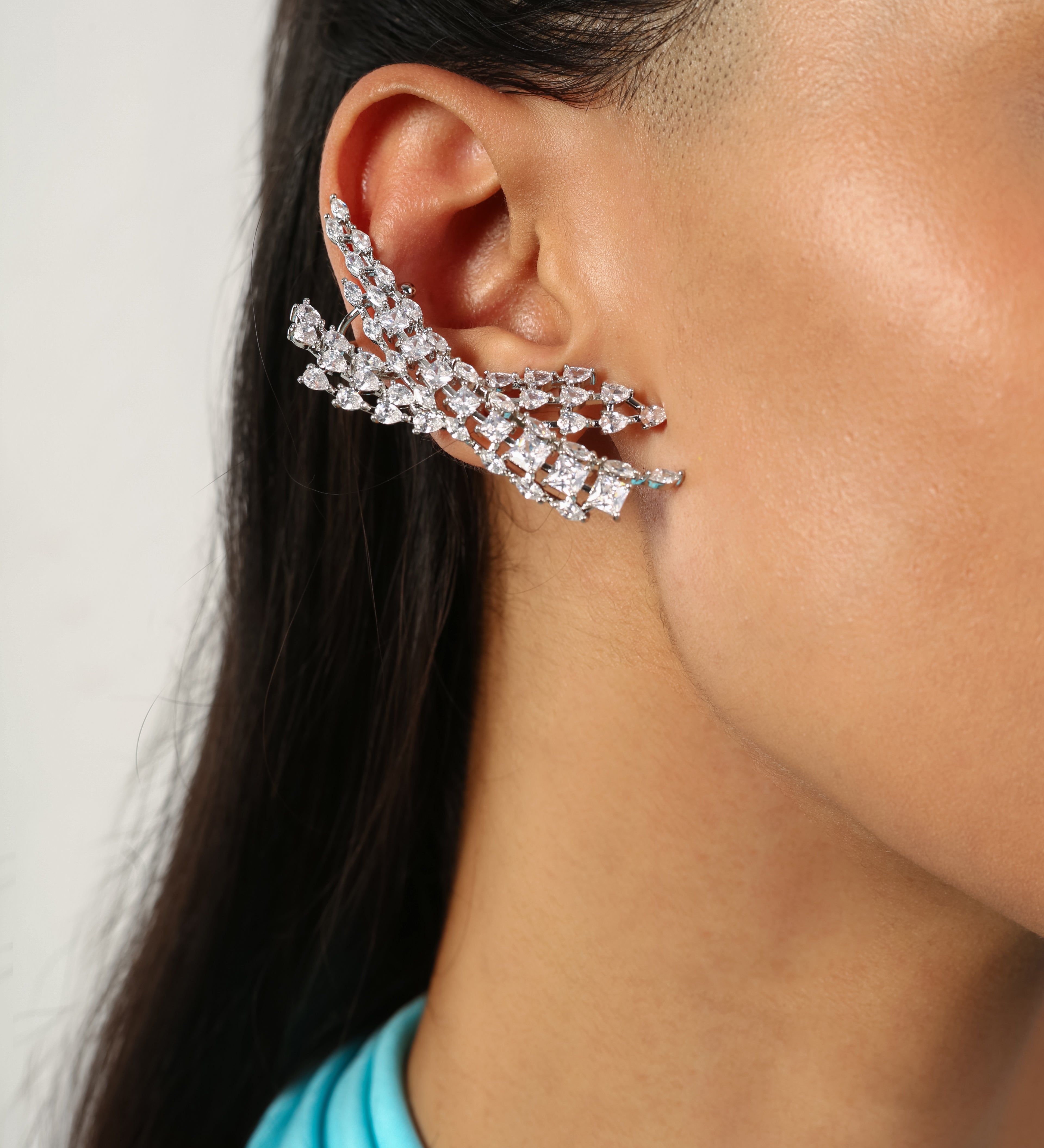 Silver American Diamond Dangling Ear Huggies