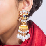 Matt Gold Plated Blue Eye with Lip Earrings for Women with Mother of Pearl