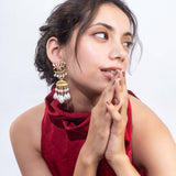 Matt Gold Plated Blue Eye with Lip Earrings for Women with Mother of Pearl