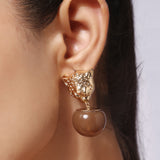 Gold Plated Brown Panther Hanging Earrings