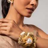 Floral Pearly Hammered Matt Finish Gold plated Bangle Cuff