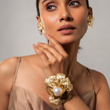 Floral Pearly Hammered Matt Finish Gold plated Bangle Cuff