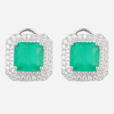 Silver Plated Anti-Tarnish White CZ and Green Stone Earrings
