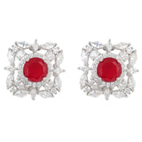 Silver Plated Anti-Tarnish White CZ and Red Stone Earrings