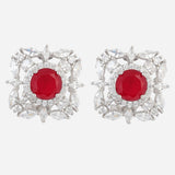Silver Plated Anti-Tarnish White CZ and Red Stone Earrings