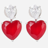 Silver Plated Red Heart Shaped Anti-Tarnish White CZ Stone Earrings