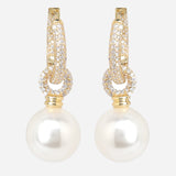 Gold Plated White CZ Stone and Shell Pearl Hanging Earrings