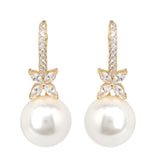 Gold Plated White CZ Stone and Shell Pearl Hanging Earrings