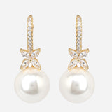 Gold Plated White CZ Stone and Shell Pearl Hanging Earrings