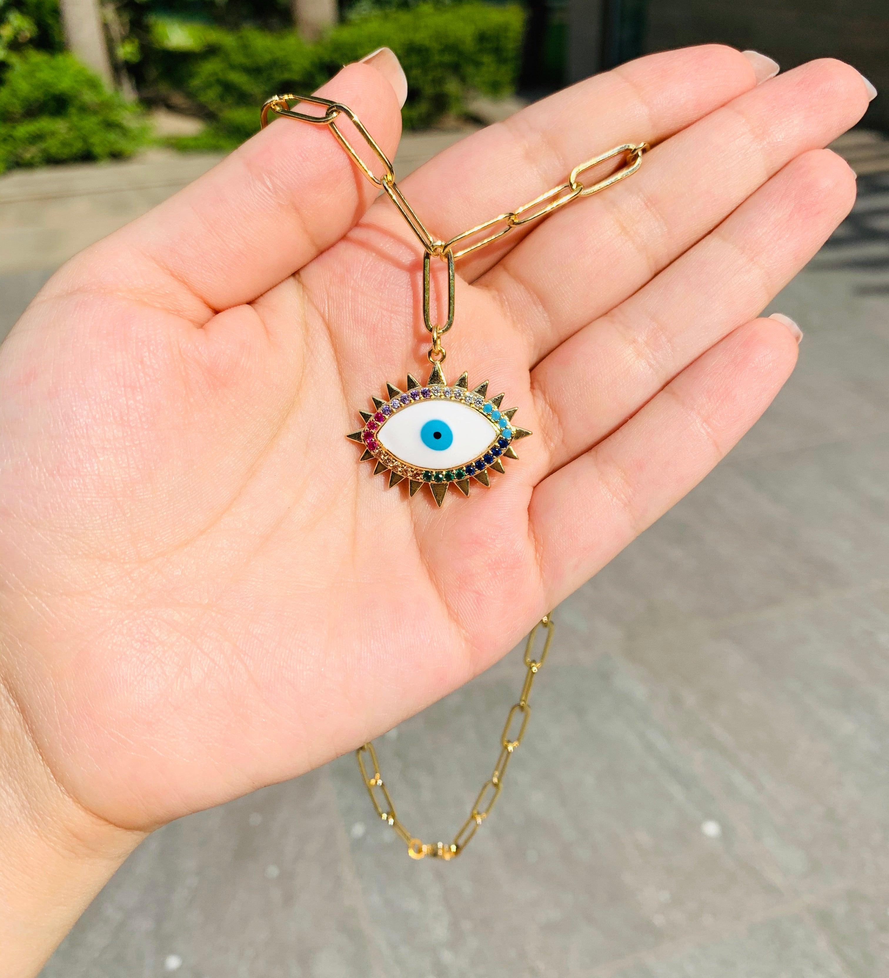 Enamel Evil Eye Link Chain Necklace - Zevar King