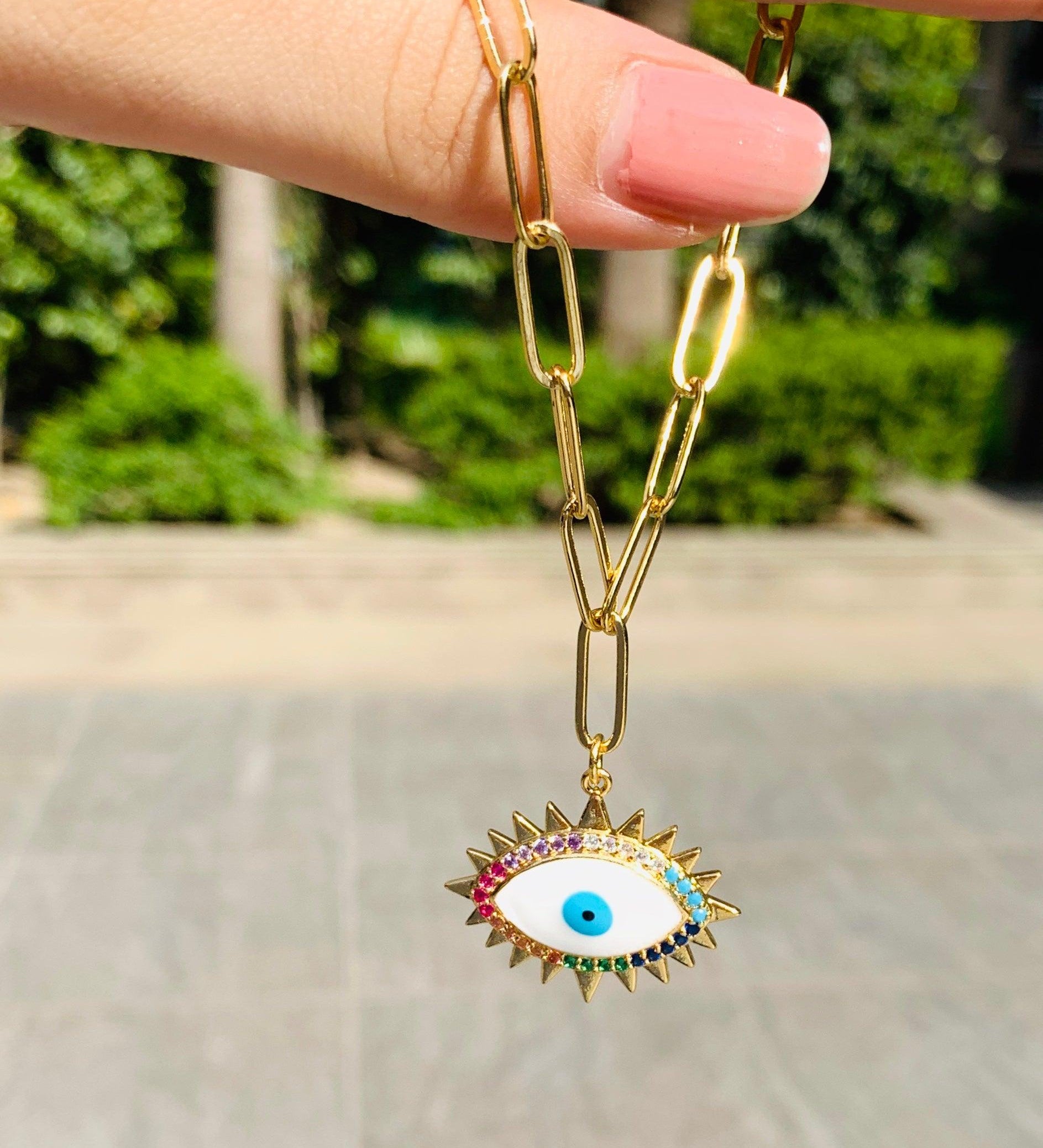 Enamel Evil Eye Link Chain Necklace - Zevar King