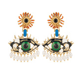 Gold Plated Green Eye Earrings for Women with Mother of Pearl