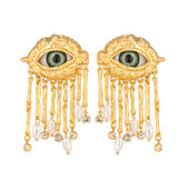 Matt Gold Plated Green Eye Earrings for Women with Mother of Pearl